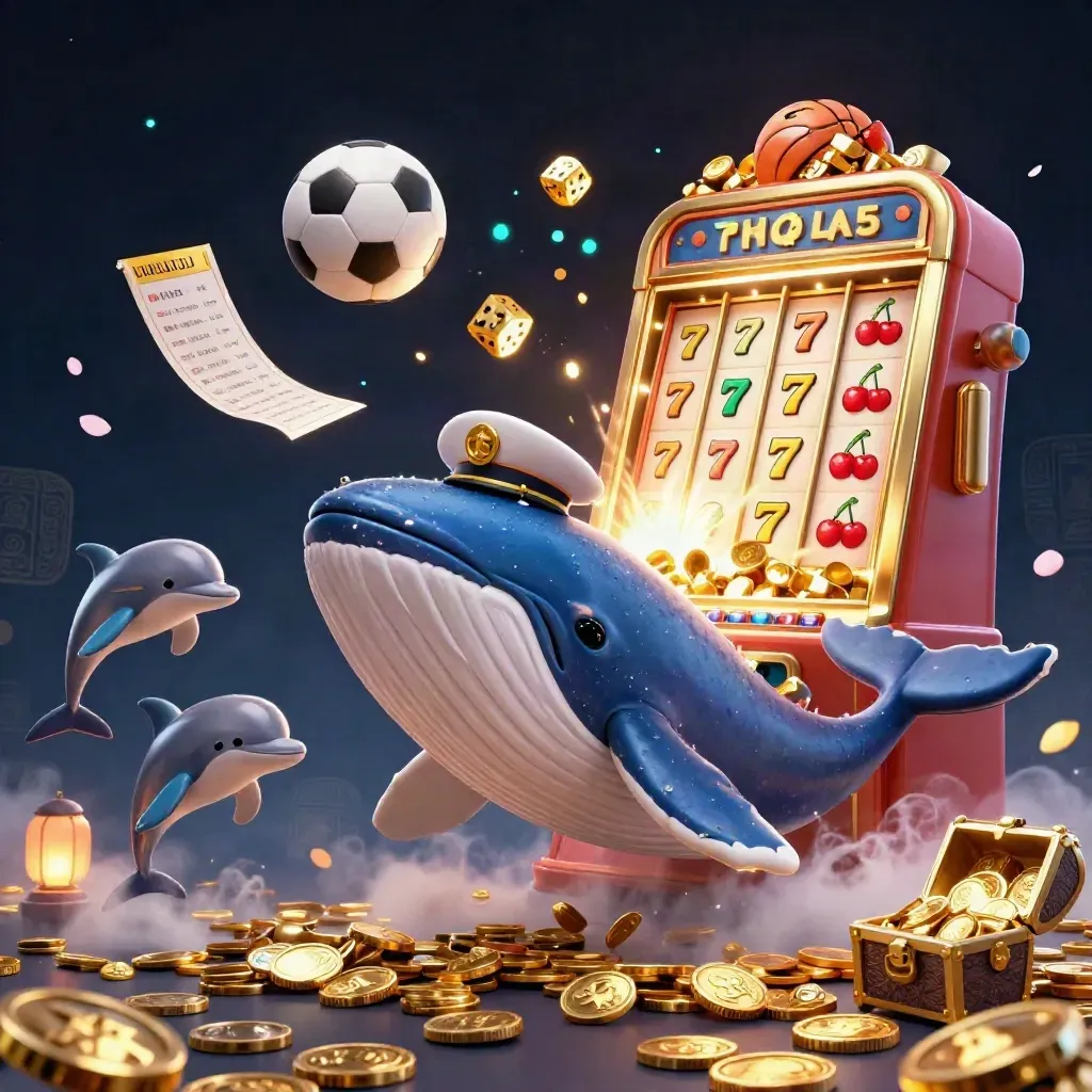Whale captain, narwhal and dolphins burst through coins with slot reels, balls and gold.