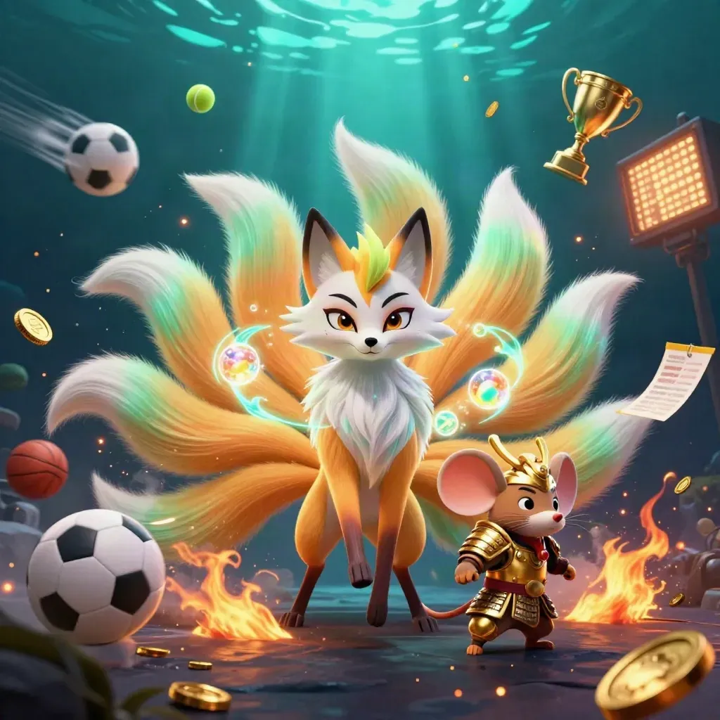 Nine-tailed fox spirit and gold-armoured mouse amid flying sports balls, coins and beams