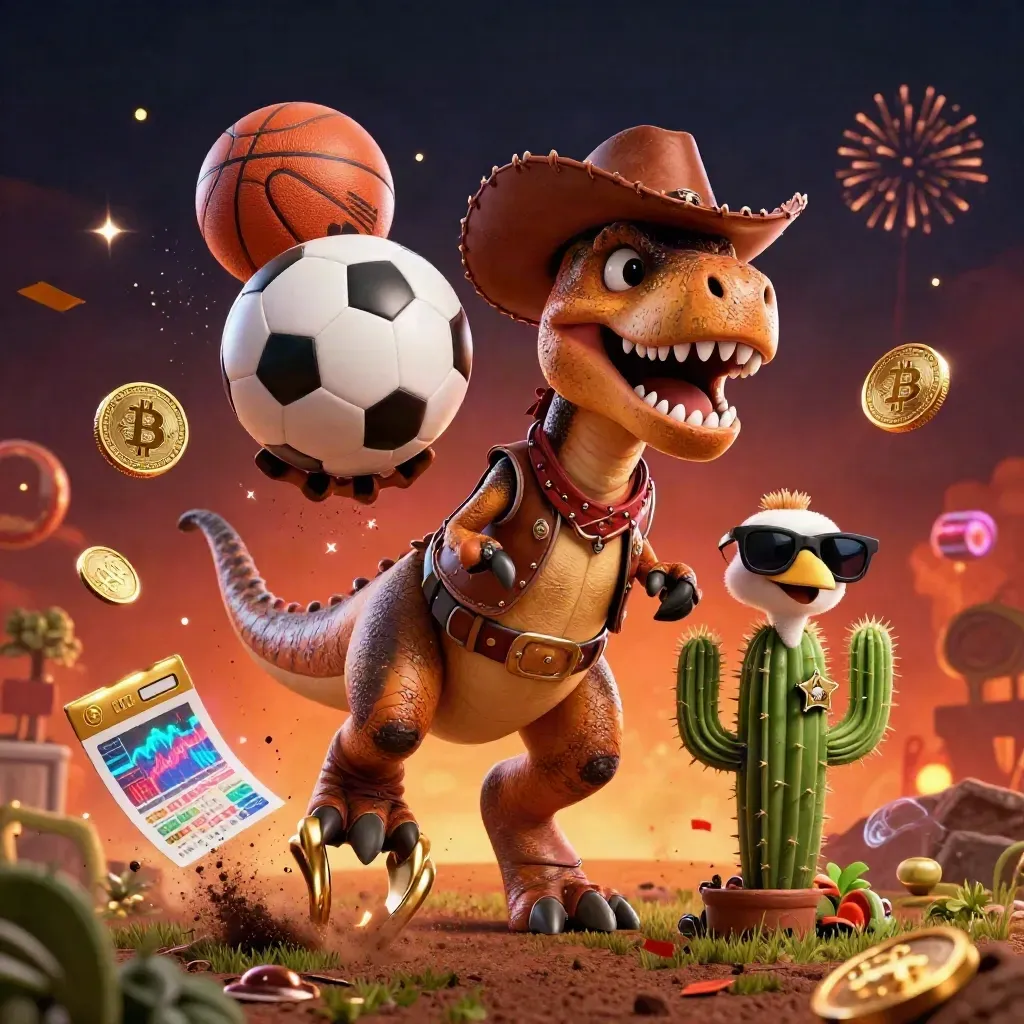Ground-level fantasy sports burst with cowboy T-Rex, cactus, roadrunner, balls, coins, and sparks.