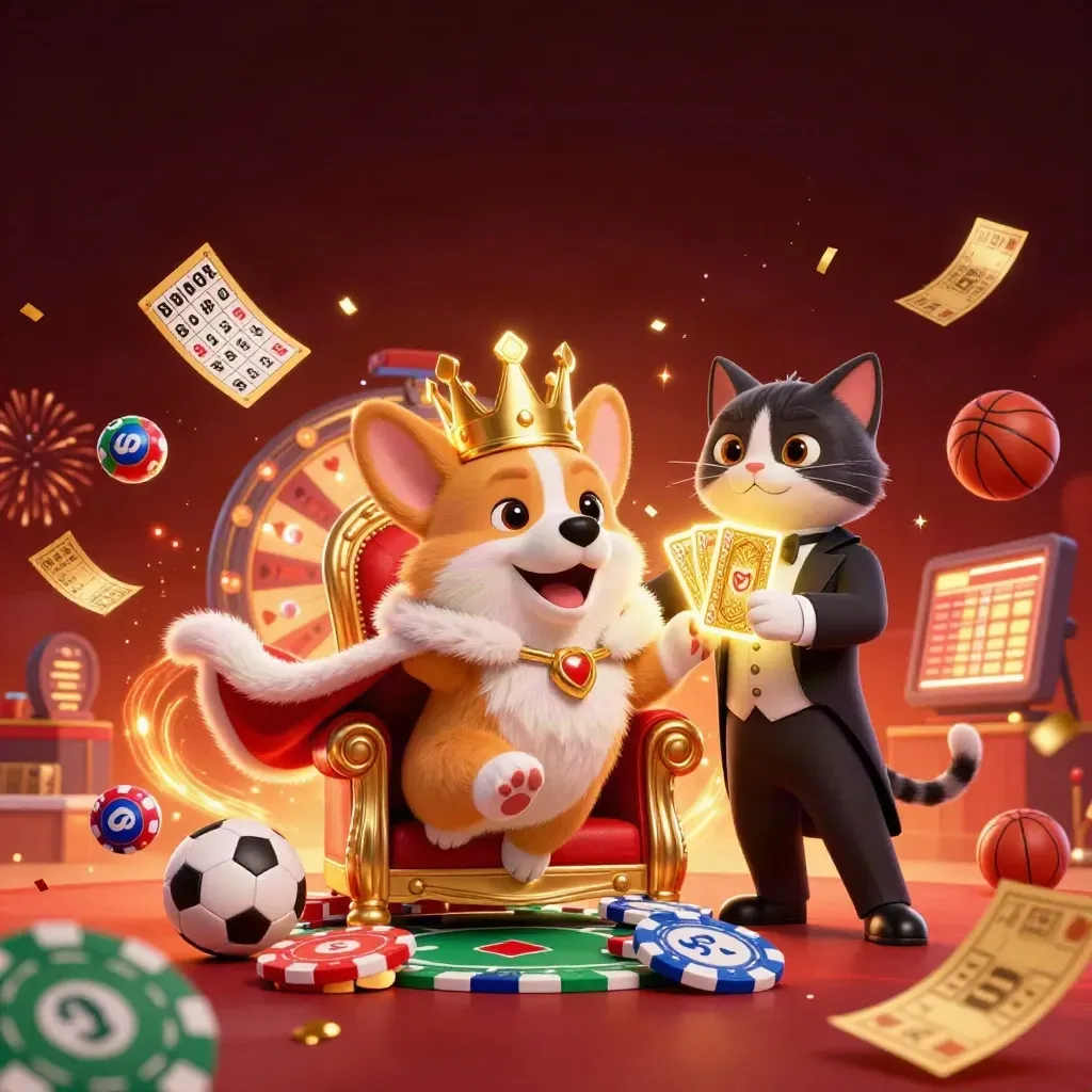 Royal corgi and cat butler amid gold casino magic, lottery balls, prize wheel, confetti, and sports props.