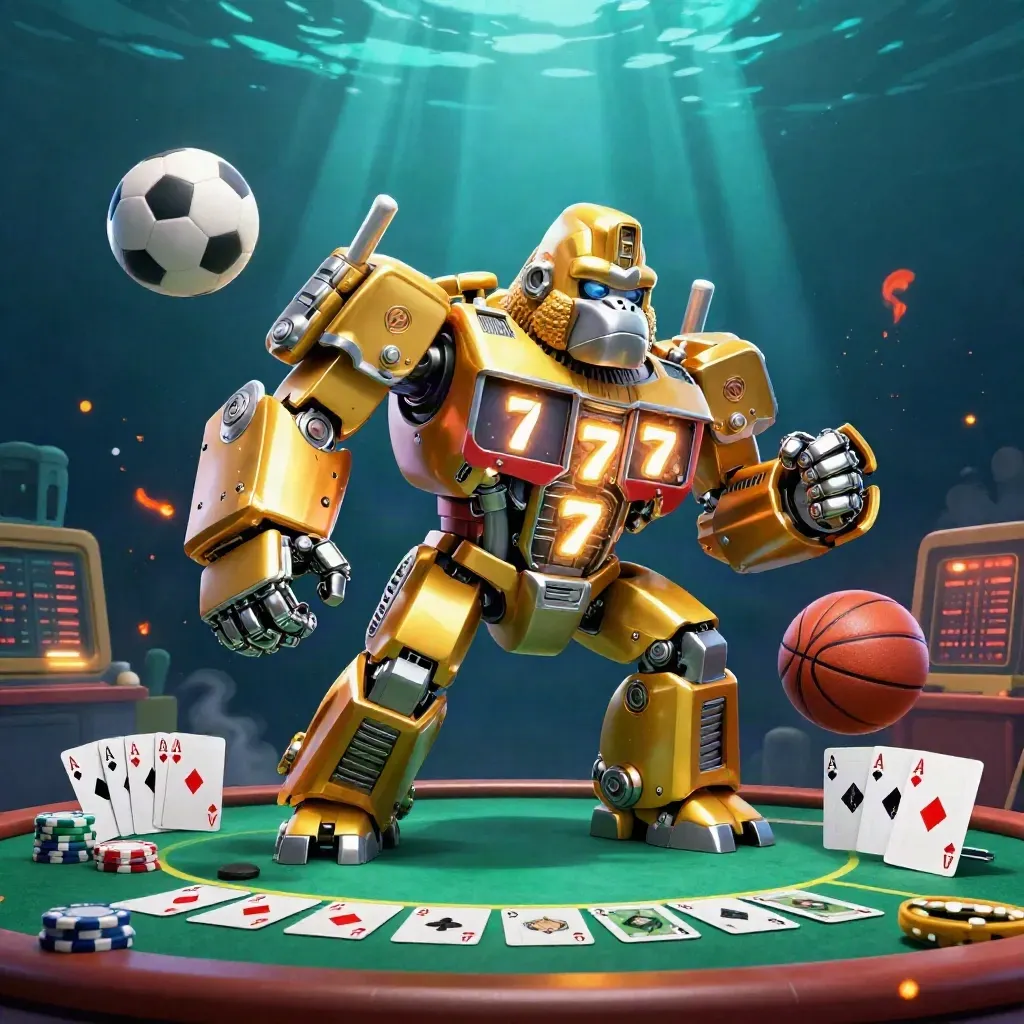 Golden gorilla mech with monkey pilot amid casino cards, chips, balls, and teal underwater light