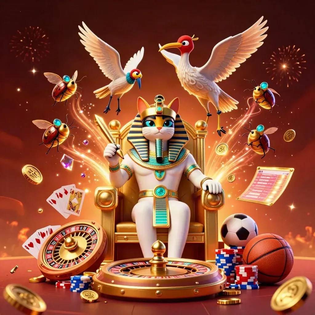 Pharaoh cat, ibis and gem scarabs amid gold coins, chips, cards and roulette wheel.