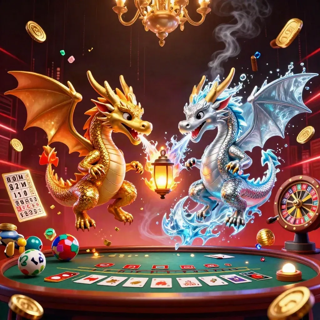 Gold and silver dragons spiral over a luxe casino scene with balls, wheel, cards, and glowing brass.