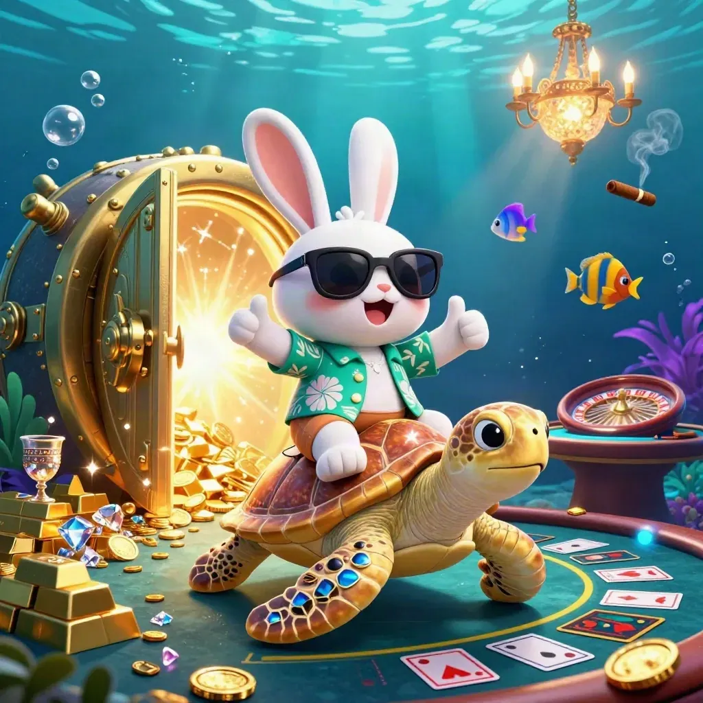 Lucky rabbit on a golden sea turtle bursts from a treasure vault in a glowing underwater casino.