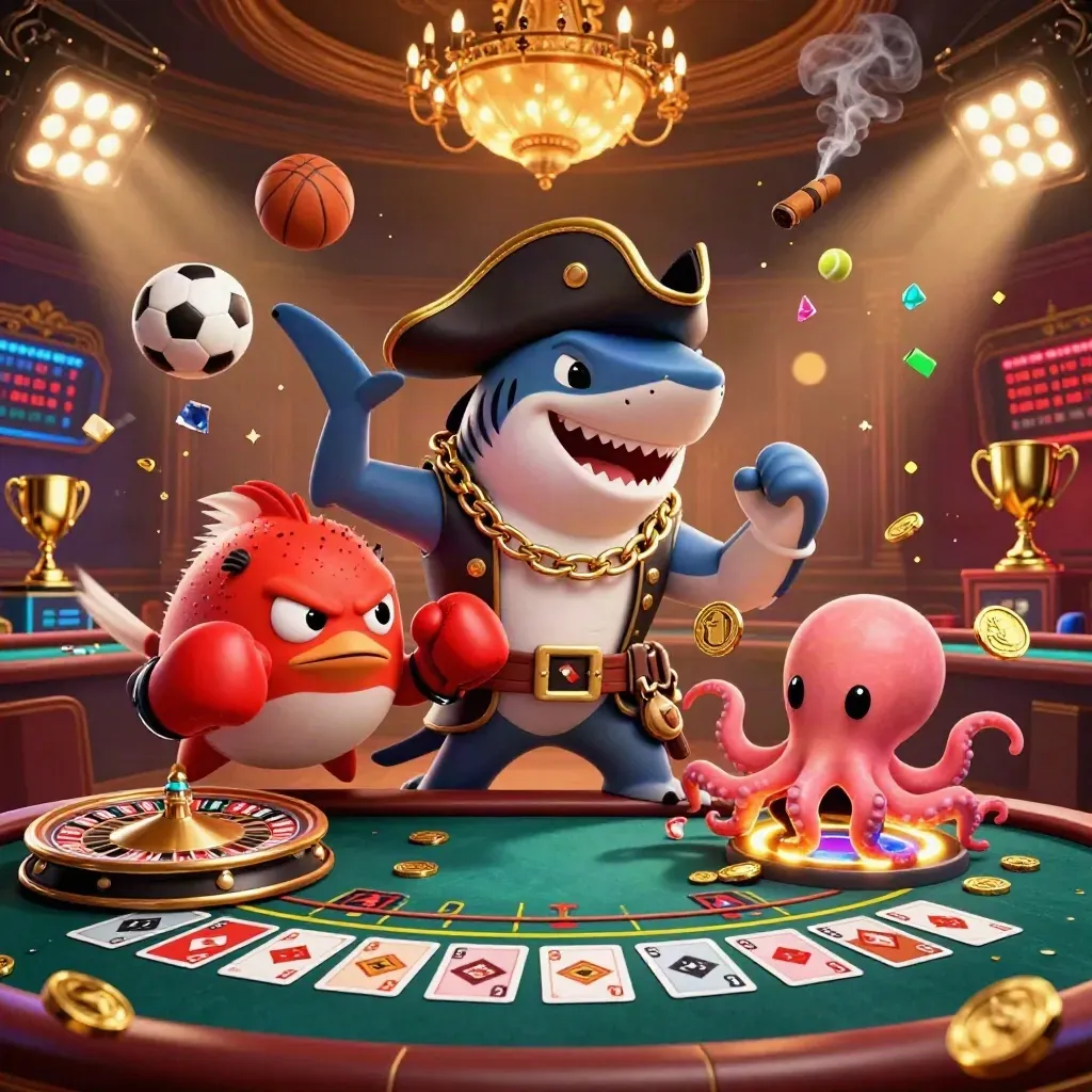 Cartoon pirate shark, pufferfish, and octopus amid casino lights, coins, trophy, and sports balls.