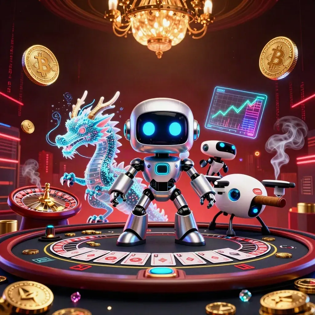 Cyberpunk robot, holographic dragon, and coin drone amid casino luxury and neon crypto effects
