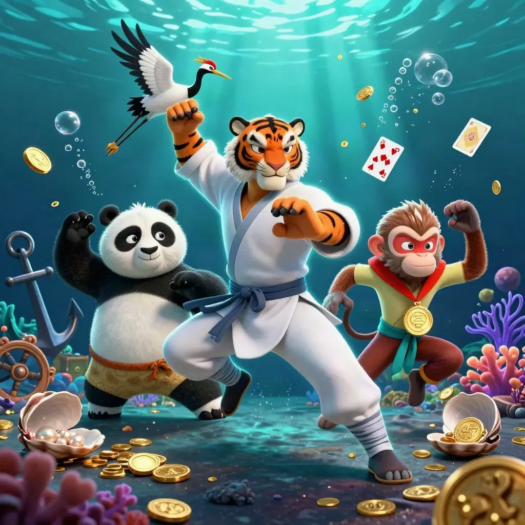 Kung-fu tiger, panda, and monkey in a glowing underwater treasure cove with coins, coral, and bubbles.