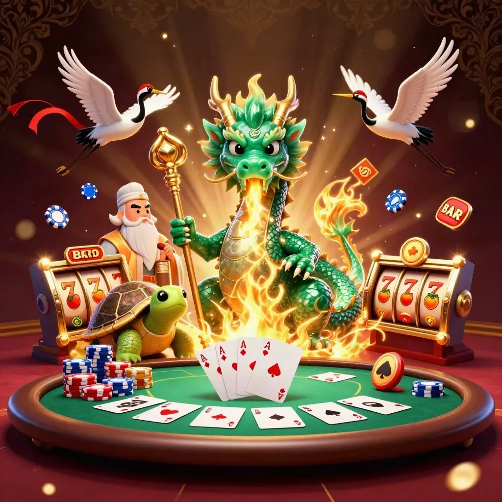 Emerald dragon, turtle sage, and cranes amid casino chips and glowing gold fire.