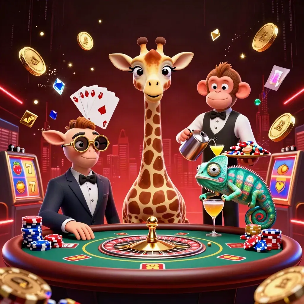 Giraffe, monkey, and chameleon in a luxe casino burst with coins, gems, cards, and a spinning wheel.