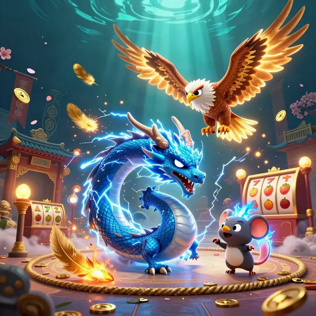 Thunder dragon, wind hawk, and static mouse amid casino treasure and storm magic