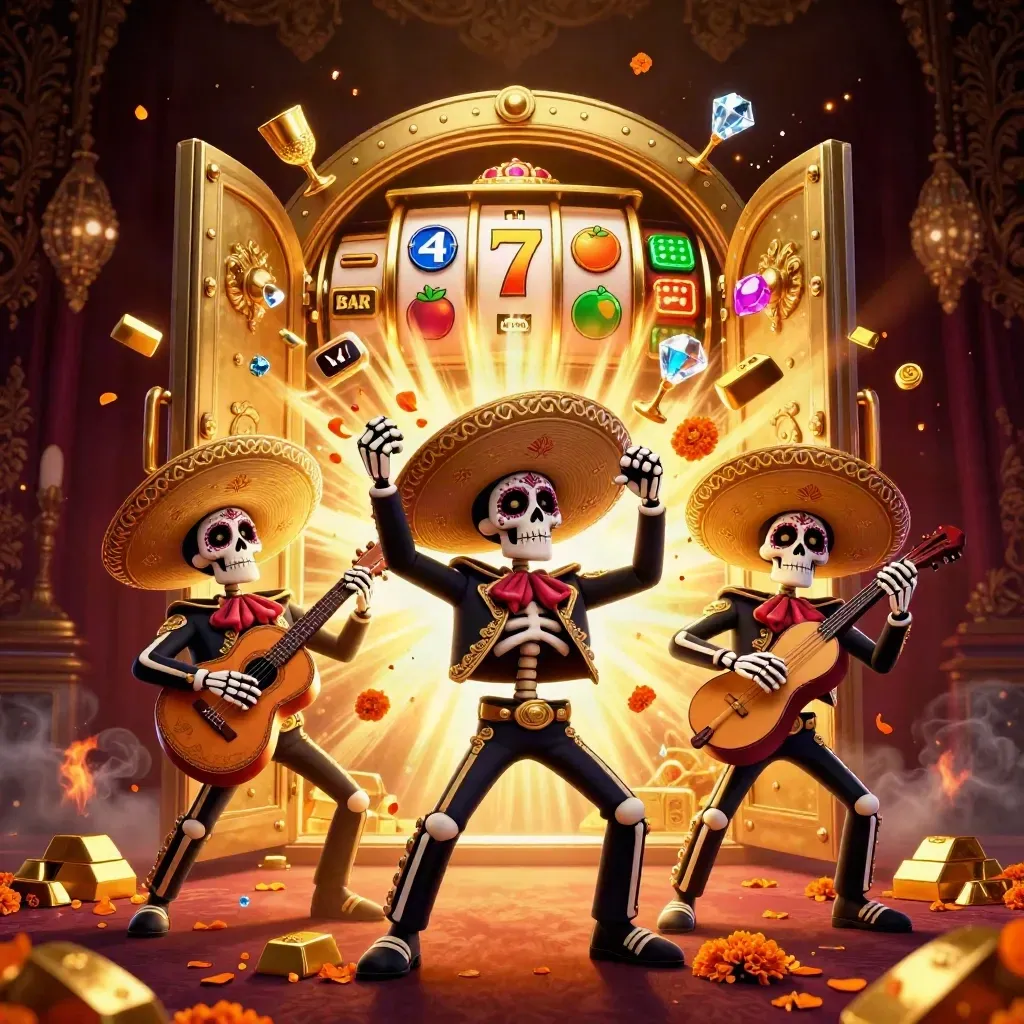 Skeleton mariachi trio bursts from a golden vault amid gems, reels, and casino glow.