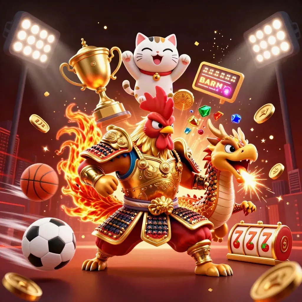 Rooster samurai, dragon hatchling and fortune cat amid sports balls, trophies and casino sparks.
