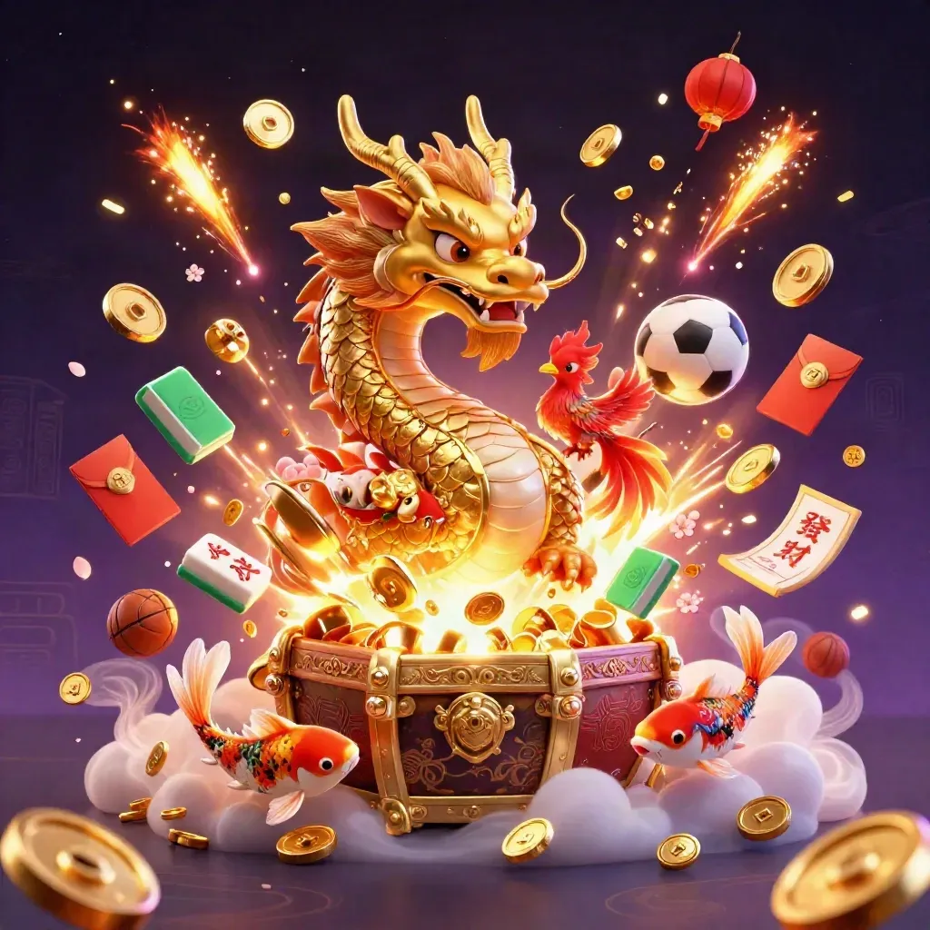 Golden dragon, phoenix and koi erupting with coins, lanterns, fireworks, sports props, and treasure