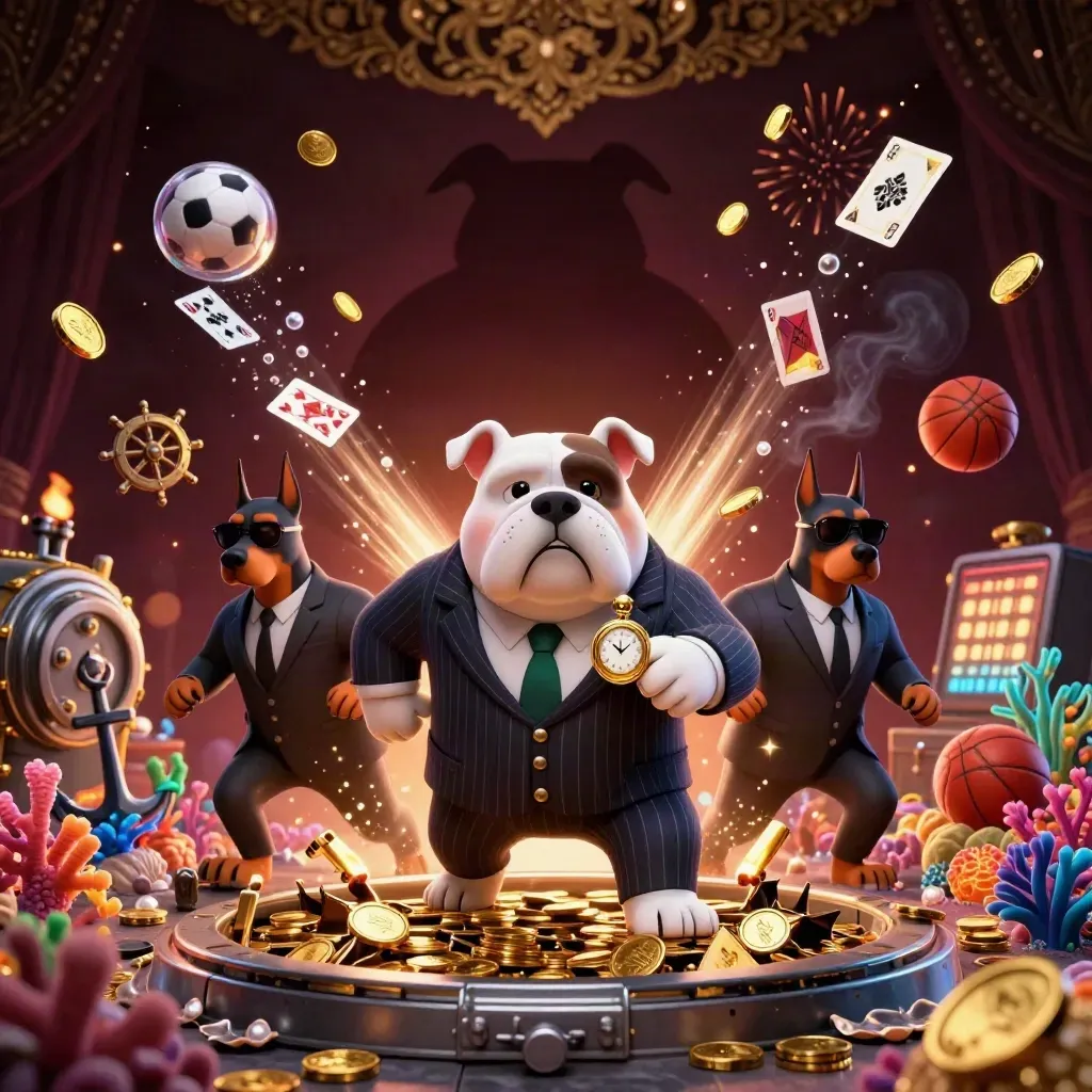 Bulldog boss and Doberman guards in a coin-blast treasure cove with coral, shells, and casino glow