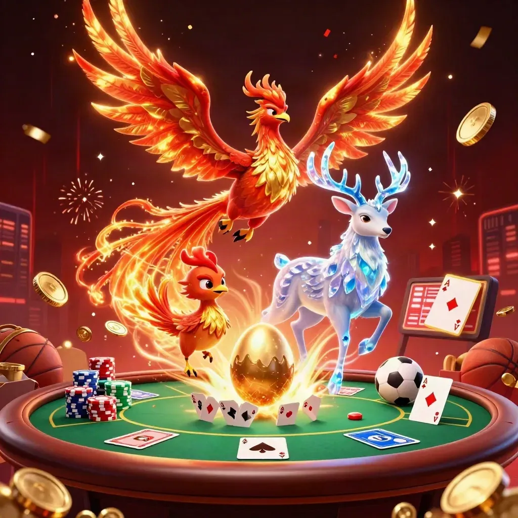 Phoenixes and a crystal stag erupt amid casino treasures, cards, chips, and fireworks.