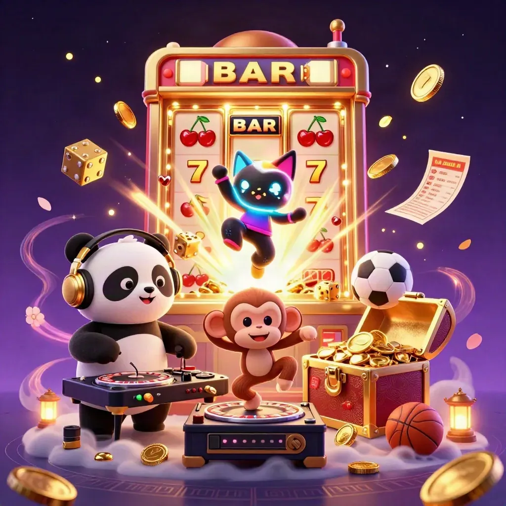 DJ panda, breakdancing monkey, and glow-stick kitten amid exploding gold, slots, and treasure