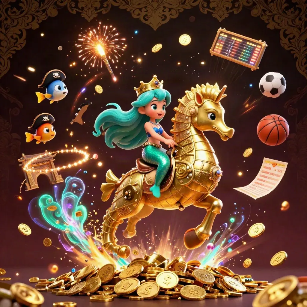 Mermaid princess on armored seahorse amid gold coins, pirate fish, fireworks, and luxe casino glow.