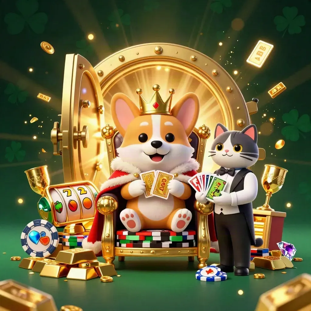 Royal corgi and cat butler burst from a treasure vault with casino riches and glowing chips