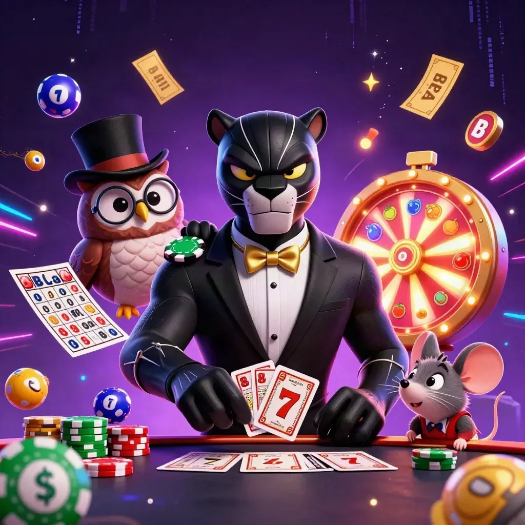 Panther dealer, owl and mouse amid casino props, neon magic and slots in a dark premium splash.