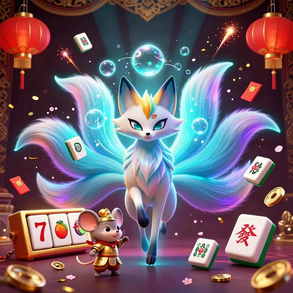 Nine-tailed fox spirit with golden mouse samurai, neon casino effects, dark luxe glow