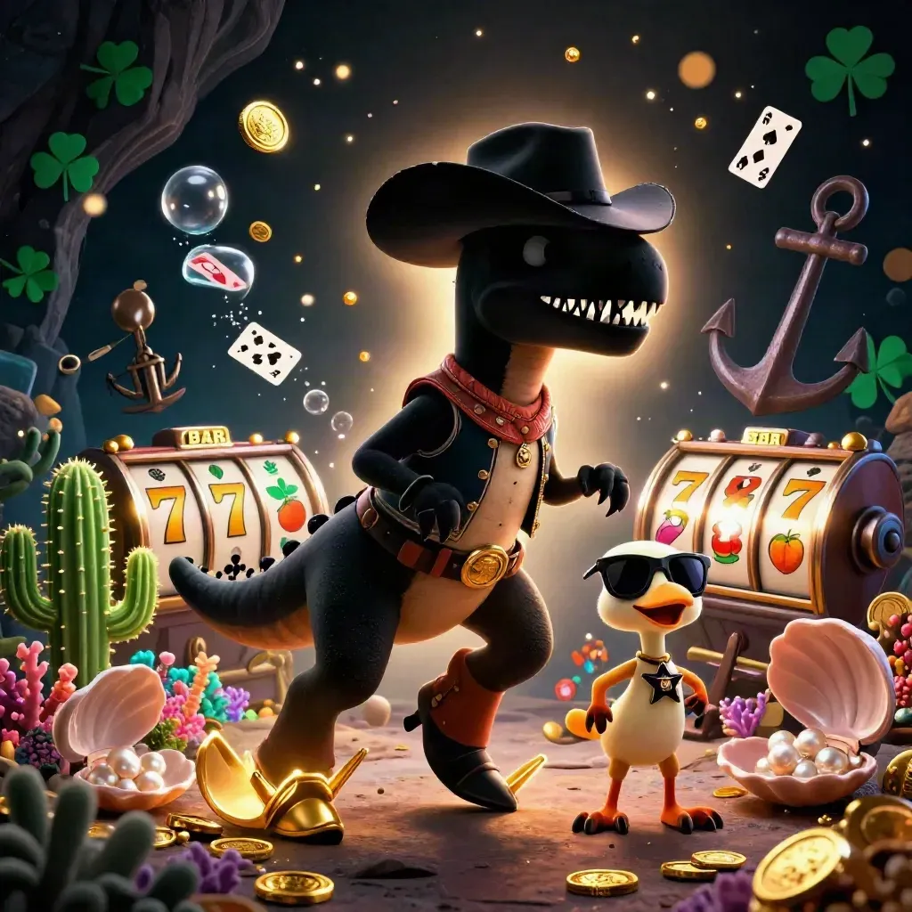 Cowboy T-Rex, cactus sidekick and roadrunner amid treasure, slot reels and gold coins.