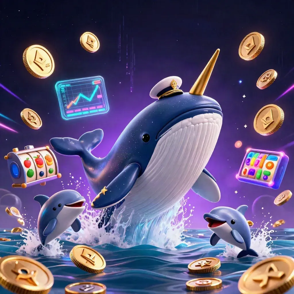 Whale captain breaching coins with narwhal, dolphins, neon crypto tokens and casino effects