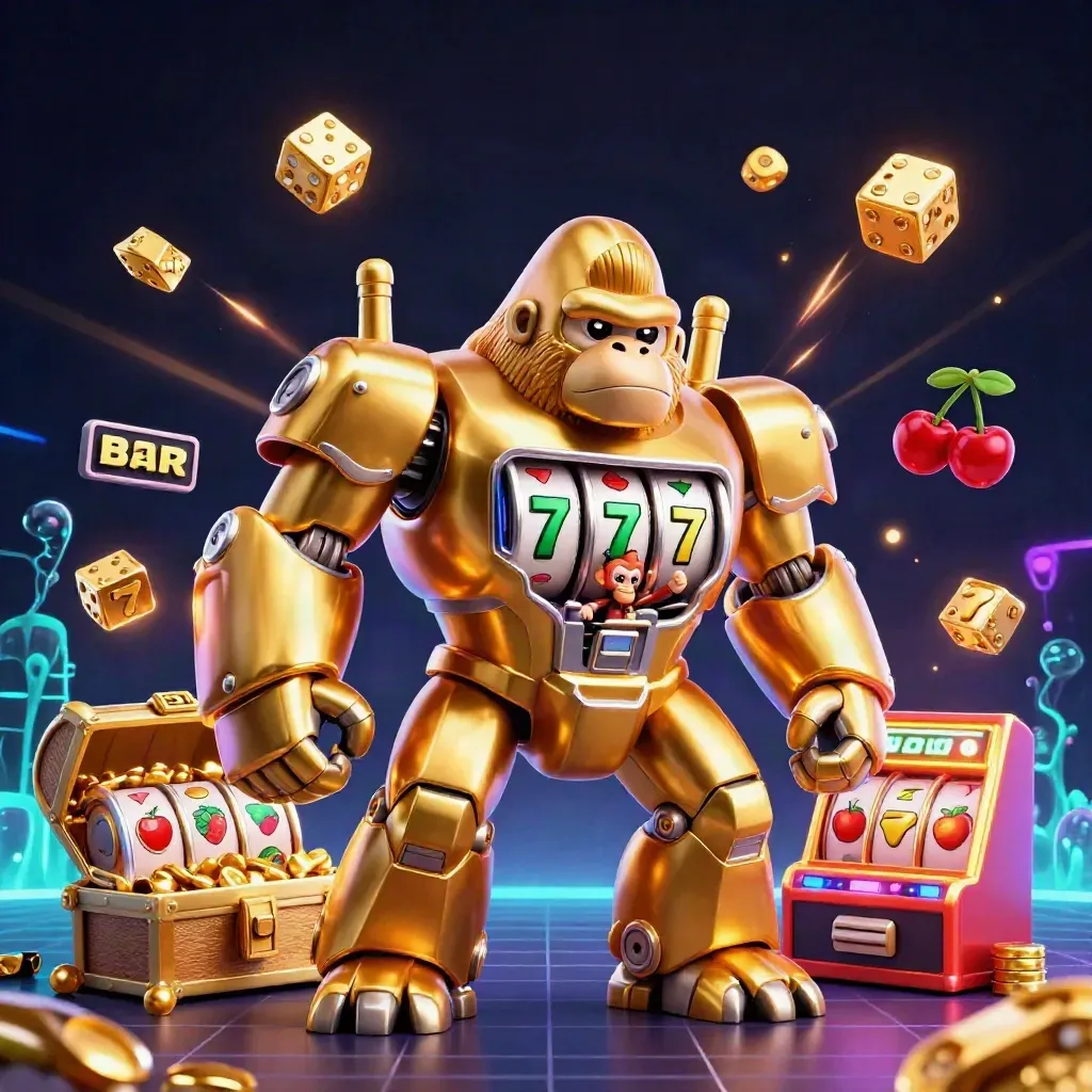 Golden gorilla mech with slot reels, monkey pilot, jackpot burst, dice and treasure chest
